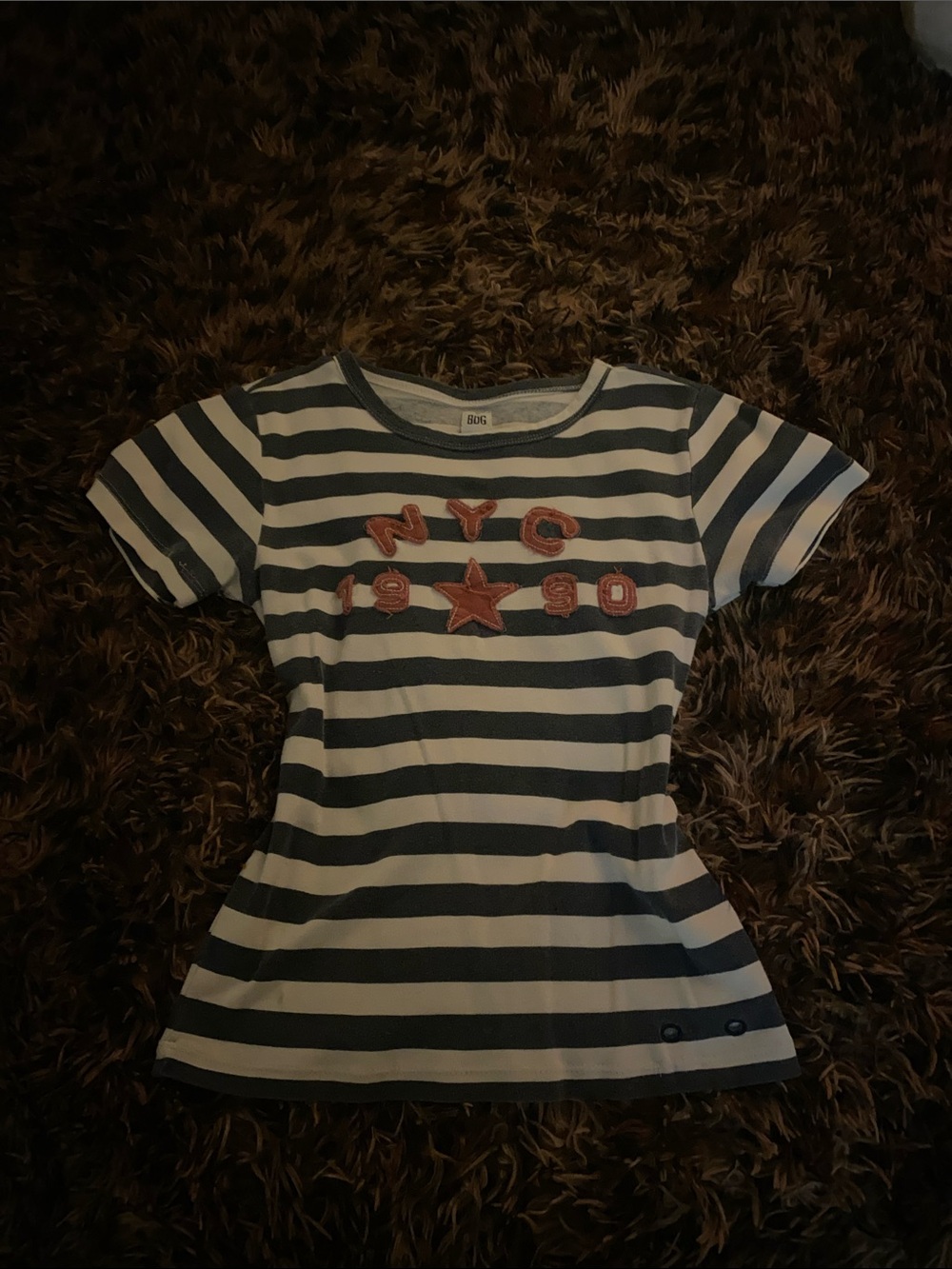BDG Navy and White Striped Short Sleeve Tee with NYC Patch
